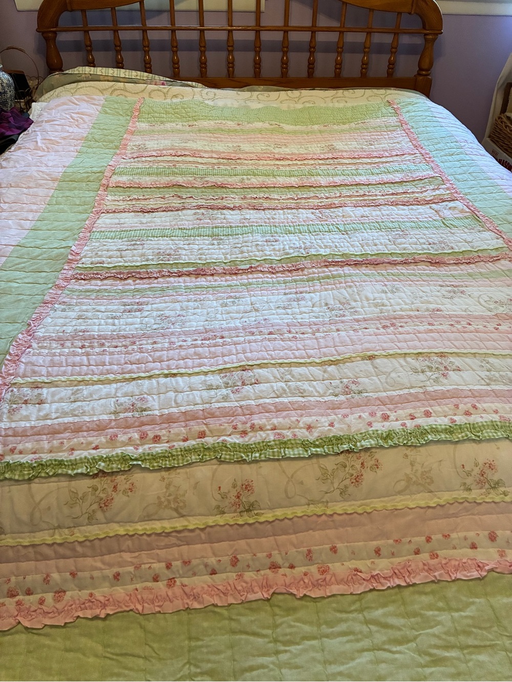 Cottage Style Pastel Pink & Green Quilt - Soft Floral Stripe